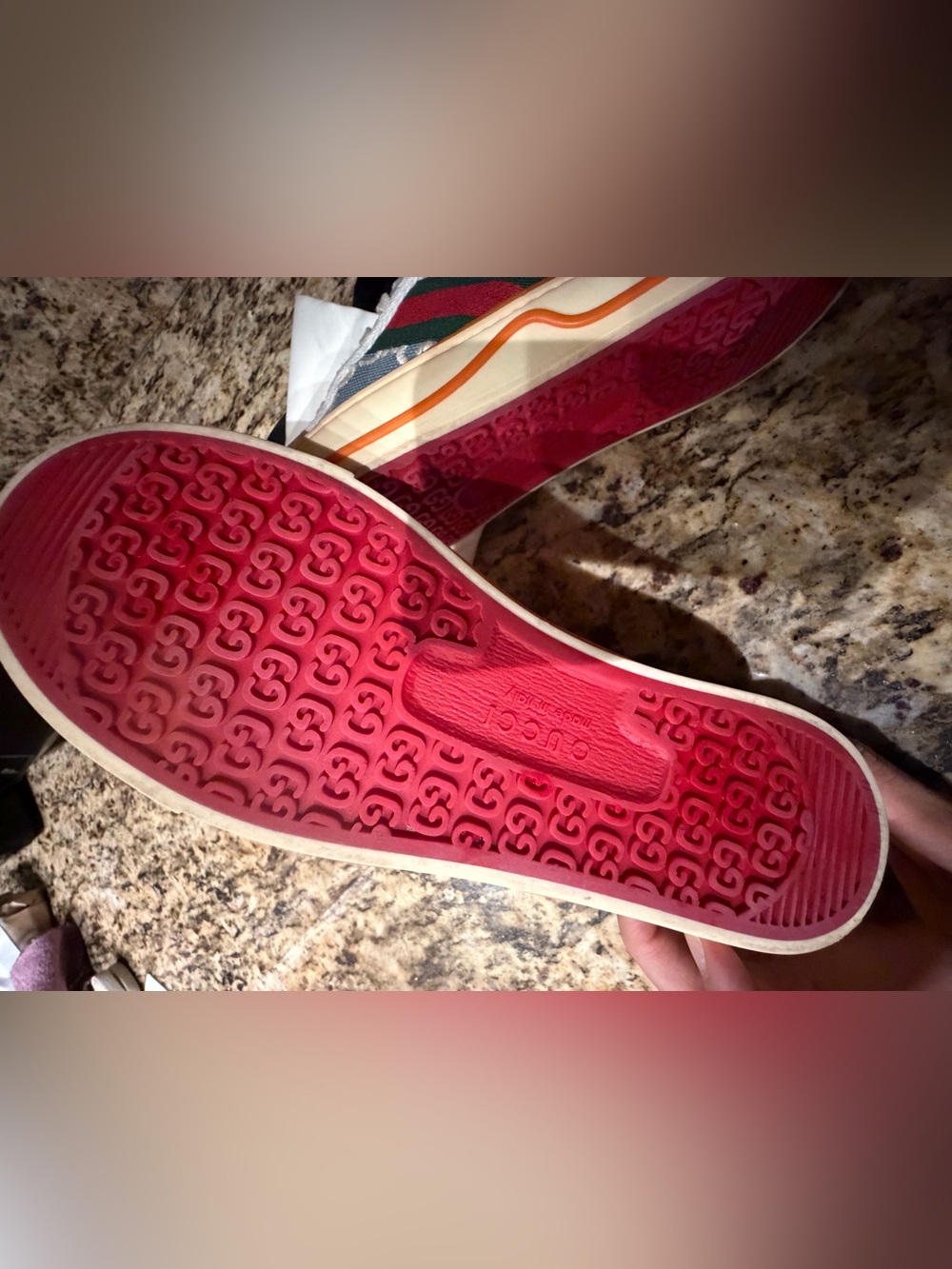 Gucci Women’s Blue GG Canvas Sneakers with Orange Trim and Green Interior - Picture 6 of 11